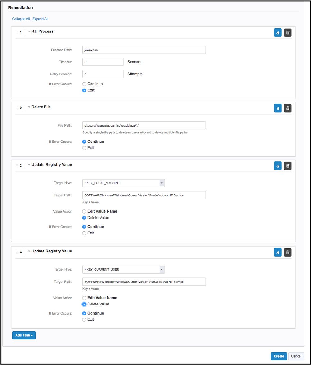 Tanium Protect remediation policy showing multiple remediation tasks for killing malware processes and cleaning registry